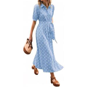 image:imageCHARTOU Womens Polka Dot Midi Dress Puff Short Sleeve Button Down Shirt Dress with Belt for Casual SummerLight Blue