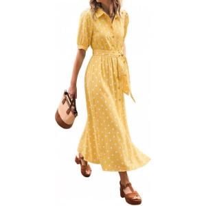 image:imageCHARTOU Womens Polka Dot Midi Dress Puff Short Sleeve Button Down Shirt Dress with Belt for Casual SummerYellow