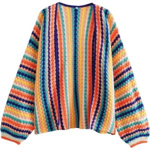 image:imageCHARTOU Womens Rainbow Striped Cable Knit Cardigan Sweaters Open Front Color Block Loose Long Sleeve OutwearColor Stripes