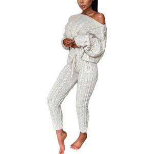 image:imageCHARTOU Womens Sexy One Shoulder 2 Pieces Outfit Chunky Cable Knit Sweater Crop Top Pants SetBeige
