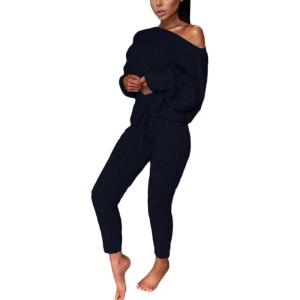 image:imageCHARTOU Womens Sexy One Shoulder 2 Pieces Outfit Chunky Cable Knit Sweater Crop Top Pants SetBlack