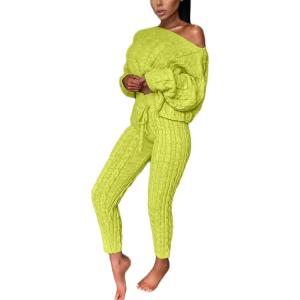 image:imageCHARTOU Womens Sexy One Shoulder 2 Pieces Outfit Chunky Cable Knit Sweater Crop Top Pants SetGreen