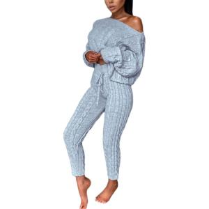 image:imageCHARTOU Womens Sexy One Shoulder 2 Pieces Outfit Chunky Cable Knit Sweater Crop Top Pants SetGrey