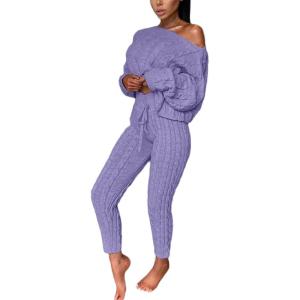 image:imageCHARTOU Womens Sexy One Shoulder 2 Pieces Outfit Chunky Cable Knit Sweater Crop Top Pants SetPurple