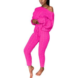 image:imageCHARTOU Womens Sexy One Shoulder 2 Pieces Outfit Chunky Cable Knit Sweater Crop Top Pants SetRose