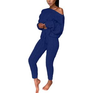 image:imageCHARTOU Womens Sexy One Shoulder 2 Pieces Outfit Chunky Cable Knit Sweater Crop Top Pants SetSapphire
