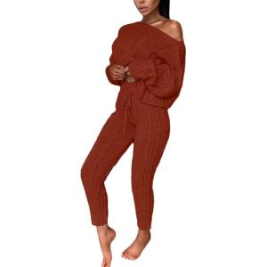 image:imageCHARTOU Womens Sexy One Shoulder 2 Pieces Outfit Chunky Cable Knit Sweater Crop Top Pants SetWine Red