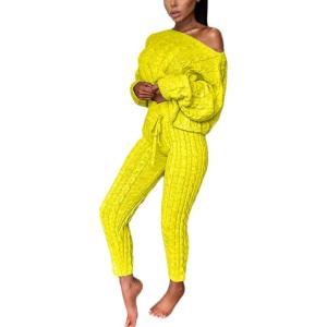 image:imageCHARTOU Womens Sexy One Shoulder 2 Pieces Outfit Chunky Cable Knit Sweater Crop Top Pants SetYellow