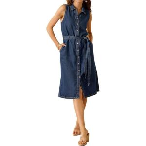 image:imageCHARTOU Womens Sleeveless Denim Dress Button Down Belted Midi Shirt Dress with PocketsDark Blue