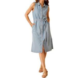 image:imageCHARTOU Womens Sleeveless Denim Dress Button Down Belted Midi Shirt Dress with PocketsLight Blue