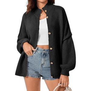 image:imageCHARTOU Womens Slouchy Chunky Cardigan Knit Casual Button Up Long Sleeve Sweaters Baggy Solid Fall OutfitsBlack