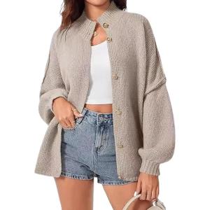 image:imageCHARTOU Womens Slouchy Chunky Cardigan Knit Casual Button Up Long Sleeve Sweaters Baggy Solid Fall OutfitsKhaki