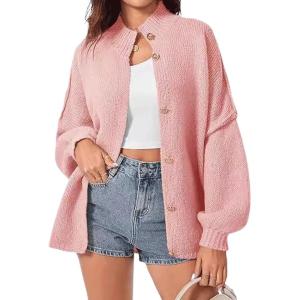 image:imageCHARTOU Womens Slouchy Chunky Cardigan Knit Casual Button Up Long Sleeve Sweaters Baggy Solid Fall OutfitsPink