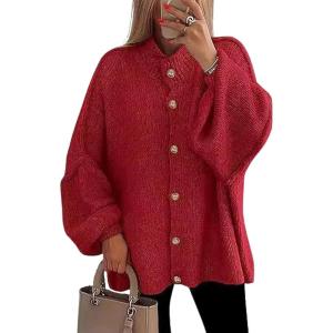 image:imageCHARTOU Womens Slouchy Chunky Cardigan Knit Casual Button Up Long Sleeve Sweaters Baggy Solid Fall OutfitsRed