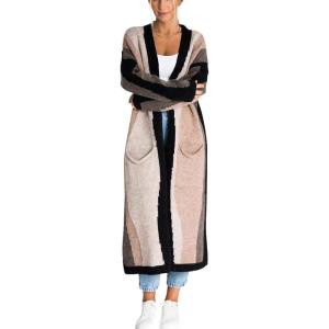 image:imageCHARTOU Womens Stripe Knitted Open Front Cardigan Sweater Long Sleeve Color Block Pocketed Fall Coat CasualBlack