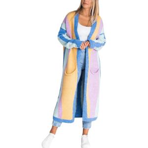 image:imageCHARTOU Womens Stripe Knitted Open Front Cardigan Sweater Long Sleeve Color Block Pocketed Fall Coat CasualBlue