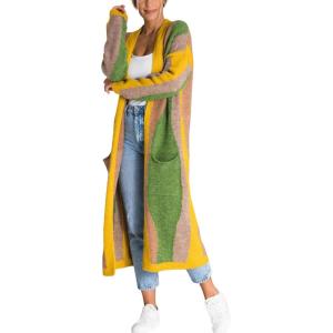 image:imageCHARTOU Womens Stripe Knitted Open Front Cardigan Sweater Long Sleeve Color Block Pocketed Fall Coat CasualGreen