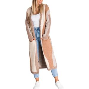image:imageCHARTOU Womens Stripe Knitted Open Front Cardigan Sweater Long Sleeve Color Block Pocketed Fall Coat CasualKhaki