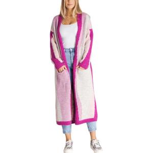 image:imageCHARTOU Womens Stripe Knitted Open Front Cardigan Sweater Long Sleeve Color Block Pocketed Fall Coat CasualPurple