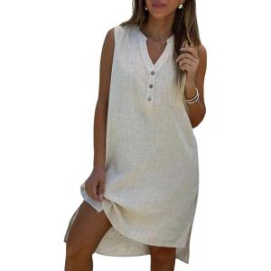 image:imageCHARTOU Womens Summer Sleeveless Mid Long Shift Dress Linen Tunic Lightweight Henley Shirt DressBeige