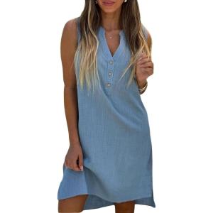 image:imageCHARTOU Womens Summer Sleeveless Mid Long Shift Dress Linen Tunic Lightweight Henley Shirt DressBlue