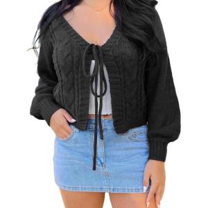 image:imageCHARTOU Womens Tie Front Cropped Cardigan Chunky Knit Cute Y2k Bow Cardigan Sweater Long Sleeve Outwear TopsBlack