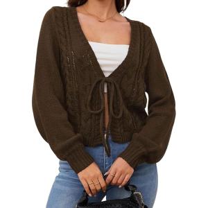 image:imageCHARTOU Womens Tie Front Cropped Cardigan Chunky Knit Cute Y2k Bow Cardigan Sweater Long Sleeve Outwear TopsBrown