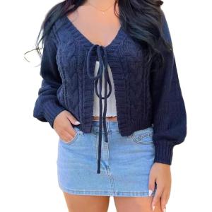 image:imageCHARTOU Womens Tie Front Cropped Cardigan Chunky Knit Cute Y2k Bow Cardigan Sweater Long Sleeve Outwear TopsNavy