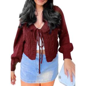 image:imageCHARTOU Womens Tie Front Cropped Cardigan Chunky Knit Cute Y2k Bow Cardigan Sweater Long Sleeve Outwear TopsRed