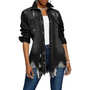image:imageCHARTOU Womens Trendy Ripped Frayed Raw Hem Hippie Button Down Denim Shirt JacketBlack