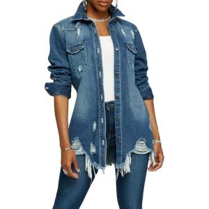 image:imageCHARTOU Womens Trendy Ripped Frayed Raw Hem Hippie Button Down Denim Shirt JacketDark Blue