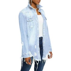 image:imageCHARTOU Womens Trendy Ripped Frayed Raw Hem Hippie Button Down Denim Shirt JacketLight Blue