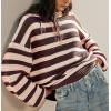 image:imageCHARTOU Womens Casual Striped Pullover Sweater Crew Neck Loose Outwear Cardigans Rib Knit Sweatshirt FallCoffee