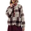 image:imageCHARTOU Women Lightweight Fleece Hoodie Jacket Half Button Fuzzy Sherpa Pullover Sweatshirt Coat with PocketsPlaid