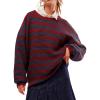 image:imageCHARTOU Womens Casual Striped Pullover Sweater Crew Neck Loose Outwear Cardigans Rib Knit Sweatshirt FallWine Red