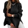 image:imageCHARTOU Womens Loose Mock Neck Side Slit Cable Knit Sweater Oversized Knitwear PulloverBlack