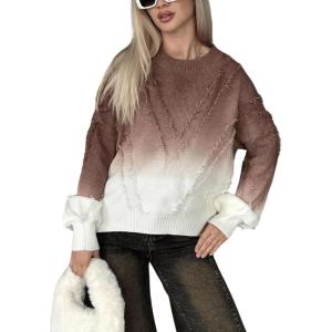 image:imageCHARTOU Fall Slouchy Fringe Crewneck Cardigan Sweaters for Women Fashion Rib Knit Frayed Pullover SweatshirtCoffee