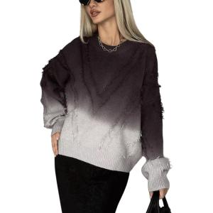 image:imageCHARTOU Fall Slouchy Fringe Crewneck Cardigan Sweaters for Women Fashion Rib Knit Frayed Pullover SweatshirtGrey