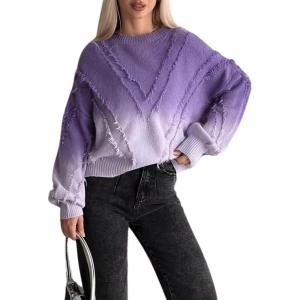 image:imageCHARTOU Fall Slouchy Fringe Crewneck Cardigan Sweaters for Women Fashion Rib Knit Frayed Pullover SweatshirtPurple