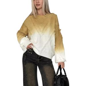image:imageCHARTOU Fall Slouchy Fringe Crewneck Cardigan Sweaters for Women Fashion Rib Knit Frayed Pullover SweatshirtYellow