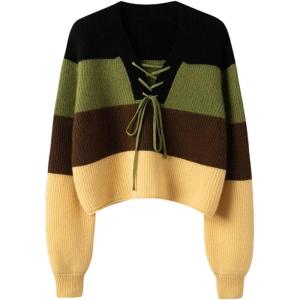 image:imageCHARTOU Women Lace Up Pullover Sweater Crisscross V Neck Color Bock 2025 Fall Cropped Sweater Jumper TopsBlack