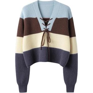 image:imageCHARTOU Women Lace Up Pullover Sweater Crisscross V Neck Color Bock 2025 Fall Cropped Sweater Jumper TopsBlue