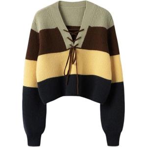 image:imageCHARTOU Women Lace Up Pullover Sweater Crisscross V Neck Color Bock 2025 Fall Cropped Sweater Jumper TopsGreen