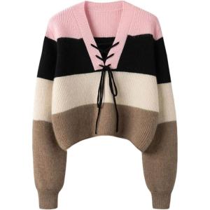 image:imageCHARTOU Women Lace Up Pullover Sweater Crisscross V Neck Color Bock 2025 Fall Cropped Sweater Jumper TopsPink