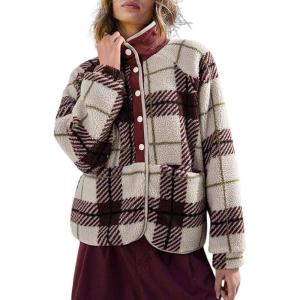 image:imageCHARTOU Women Lightweight Fleece Hoodie Jacket Half Button Fuzzy Sherpa Pullover Sweatshirt Coat with PocketsPlaid
