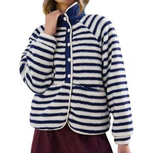 image:imageCHARTOU Women Lightweight Fleece Hoodie Jacket Half Button Fuzzy Sherpa Pullover Sweatshirt Coat with PocketsStripe