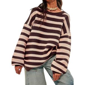 image:imageCHARTOU Womens Casual Striped Pullover Sweater Crew Neck Loose Outwear Cardigans Rib Knit Sweatshirt FallCoffee