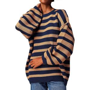 image:imageCHARTOU Womens Casual Striped Pullover Sweater Crew Neck Loose Outwear Cardigans Rib Knit Sweatshirt FallNavy Blue