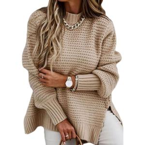 image:imageCHARTOU Womens Loose Mock Neck Side Slit Cable Knit Sweater Oversized Knitwear PulloverApricot