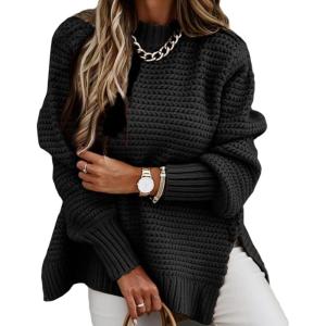 image:imageCHARTOU Womens Loose Mock Neck Side Slit Cable Knit Sweater Oversized Knitwear PulloverBlack